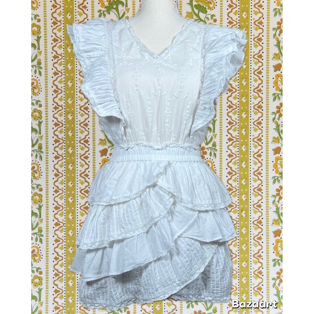 LoveShackFancy Mini Dress Womens XS White Excellent Ruffle Eyelet Cotton $395